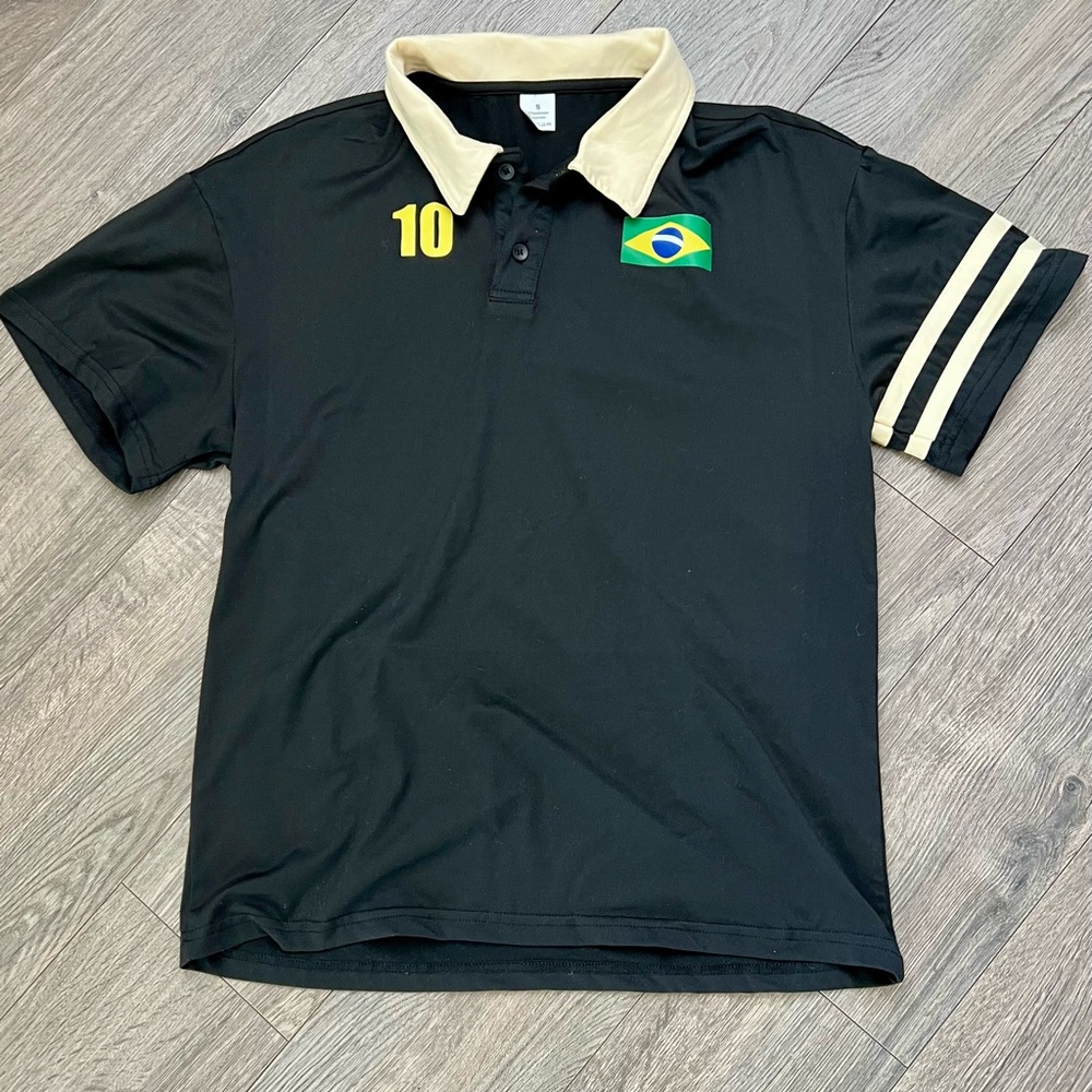 Brazil Soccer Polo Shirt Black Yellow Number 10 Adult Small